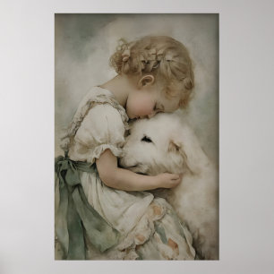 Girl And Dog Antique Print, Rustic Sage Green Poster