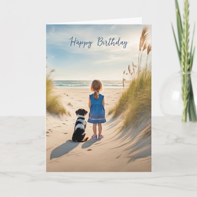 Girl and Dog On a Beach for Birthday Card (Front)
