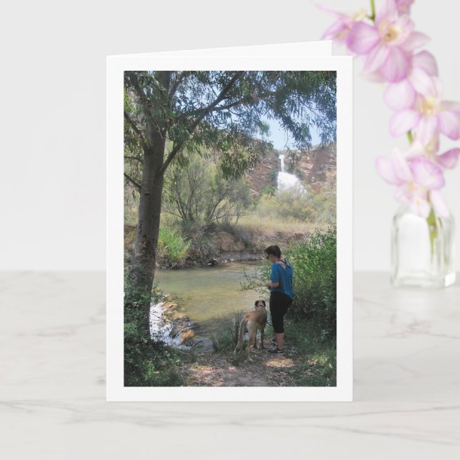 Girl and Dog Portrait at the Old Domeño Waterfall Card (Orchid)