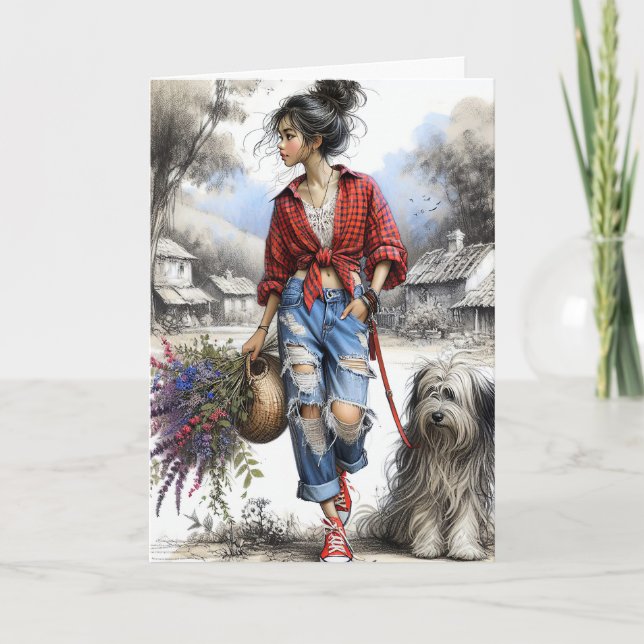 Girl and Dog With Flower Basket Card (Front)