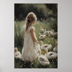Girl And Ducks Print, Easter Duck Village Flower Poster