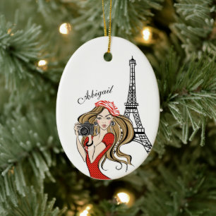 Girl and Eiffel Tower Black, Red Christmas Ceramic Tree Decoration