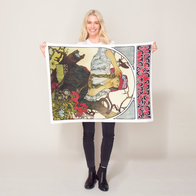 Girl and Geranium, Mucha Fleece Blanket (In Situ)