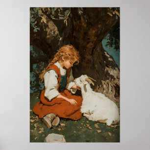 Girl And Goat Print, Antique Printable Art, Rustic Poster