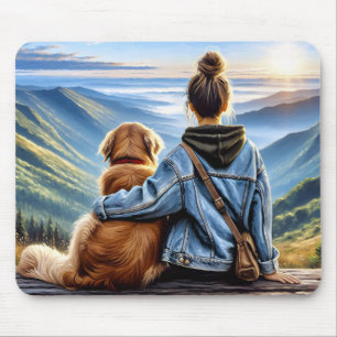 Girl and Golden Retriever Moutain Sunrise Mouse Pad
