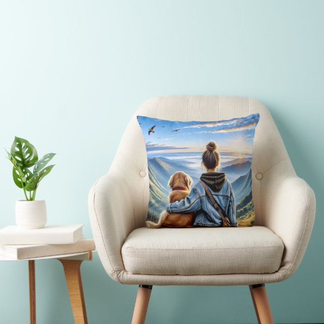 Girl and Golden Retriever On A Mountaintop Cushion (Chair)