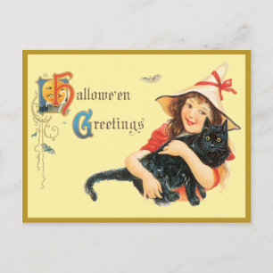 Girl And Her Cat Vintage Postcard
