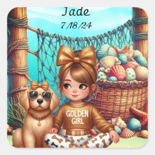 Girl and her puppy can be Personalise name, date Square Sticker