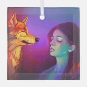 Girl and her Wolf AI Generated Fantasy Pop Art Glass Tree Decoration