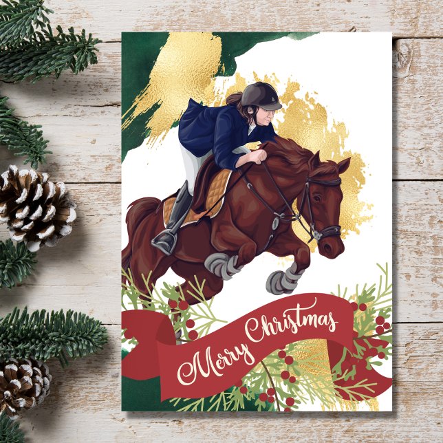 Girl and Horse Jumping Colourful Merry Christmas Holiday Card (Creator Uploaded)