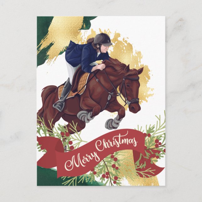Girl and Horse Jumping Colourful Merry Christmas Postcard (Front)