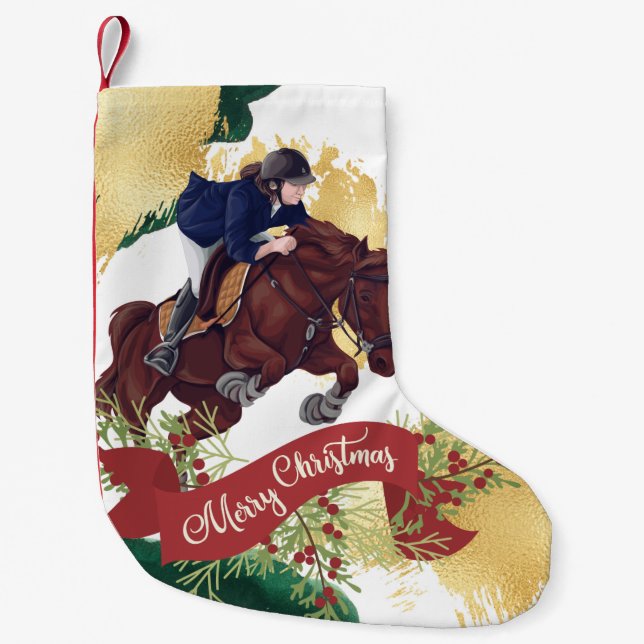 Girl and Horse Jumping Colourful Merry Christmas Small Christmas Stocking (Front)