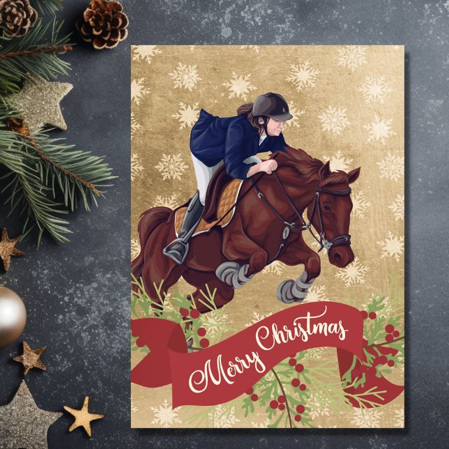 Girl and Horse Jumping Merry Christmas Golden Holiday Card (Front - Girl and Horse Jumping Merry Christmas Golden Holiday Card)