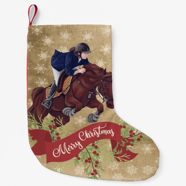 Girl and Horse Jumping Merry Christmas Golden Small Christmas Stocking (Front)