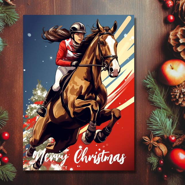 Girl and Horse Jumping Merry Christmas Holiday Card (Front - Girl and Horse Jumping Merry Christmas Holiday Card)