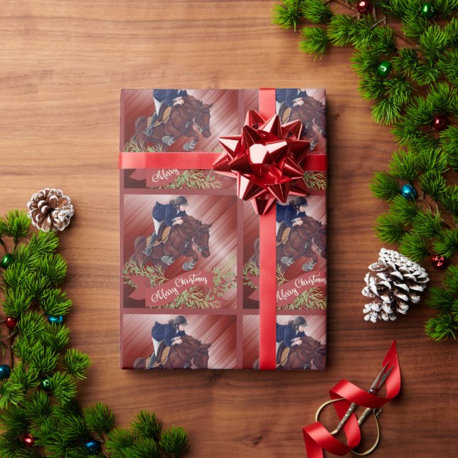 Girl and Horse Jumping Merry Christmas on Red Wrapping Paper (Holiday Gift)