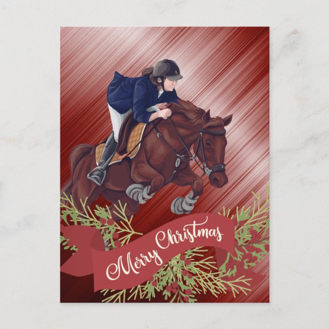 Girl and Horse Jumping Merry Christmas Red  Postcard (Front)