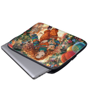 Girl and kittens on joyful walk laptop sleeve