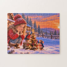 Girl and Mice Decorating a Christmas Tree