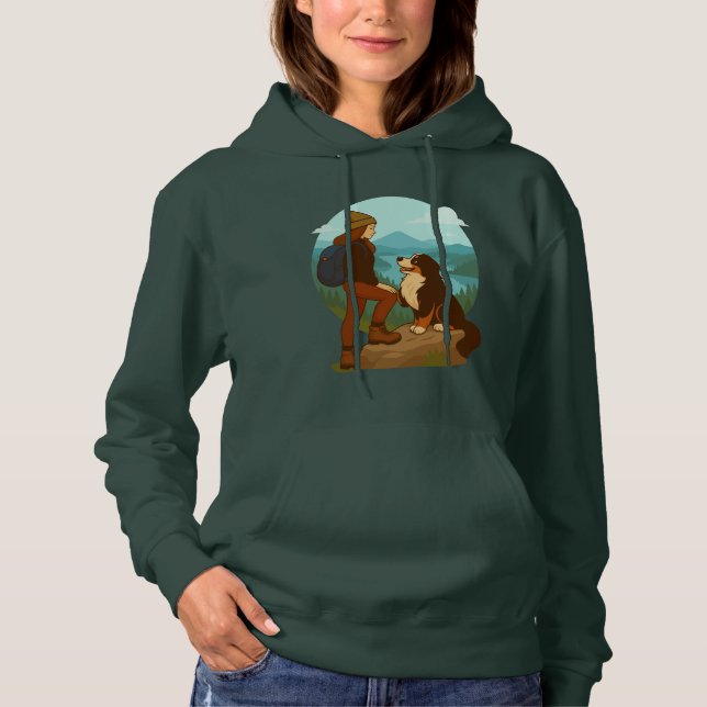 Girl and Mountain Dog Adventure Illustration Hoodie (Front)