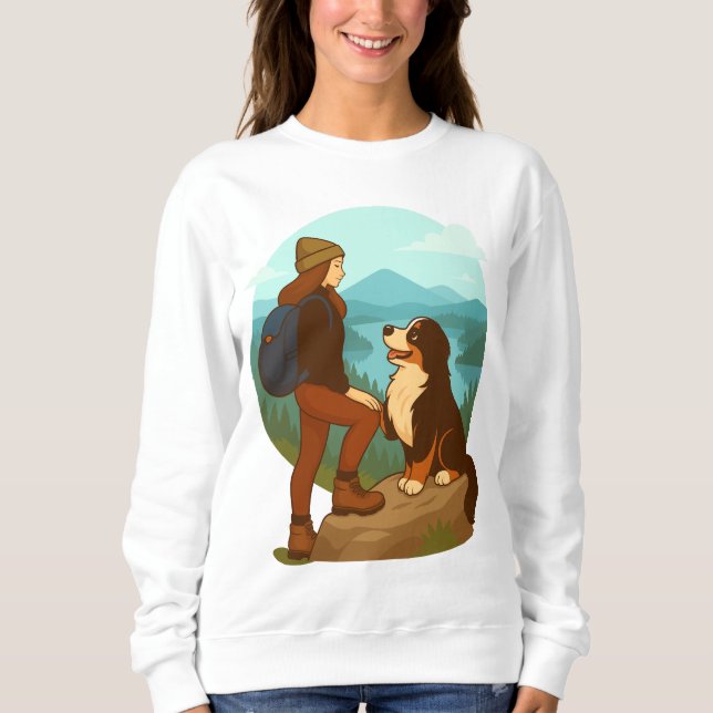 Girl and Mountain Dog Adventure Illustration Sweatshirt (Front)