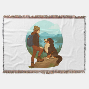 Girl and Mountain Dog Adventure Illustration Throw Blanket