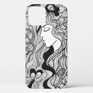 Girl and music. Vintage illustration. Black outlin iPhone 12 Case