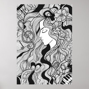 Girl and music. Vintage illustration. Black outlin Poster