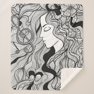 Girl and music. Vintage illustration. Black outlin Sherpa Blanket