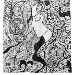 Girl and music. Vintage illustration. Black outlin Shower Curtain