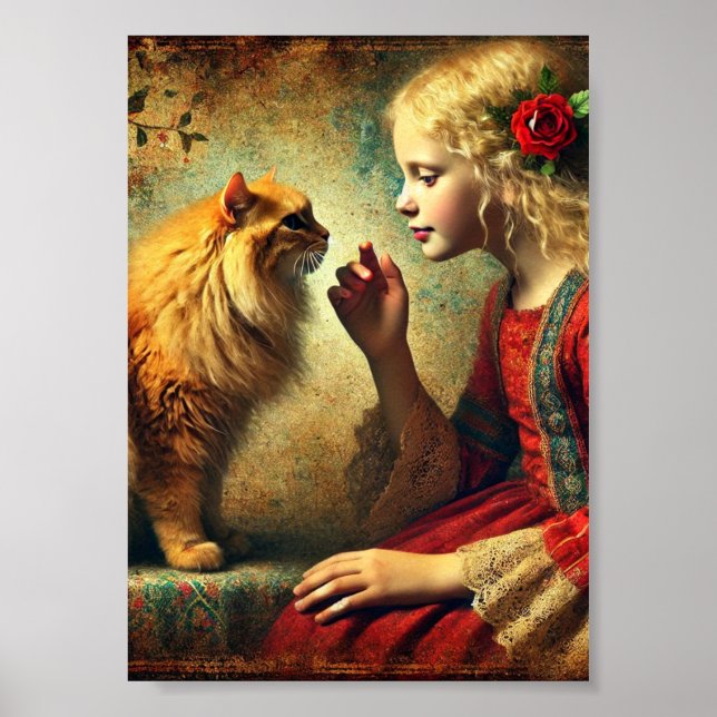 Girl and Orange Tabby Cat Wall Art, Antique Poster (Front)