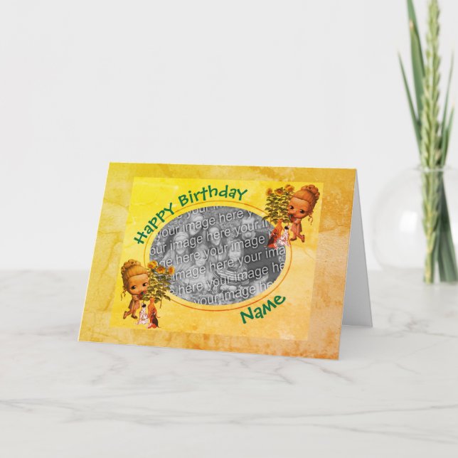 Girl And Puppies Photo Frame Birthday Card (Front)