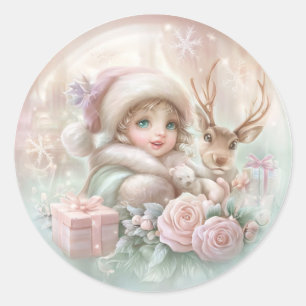 Girl and Reindeer Classic Round Sticker