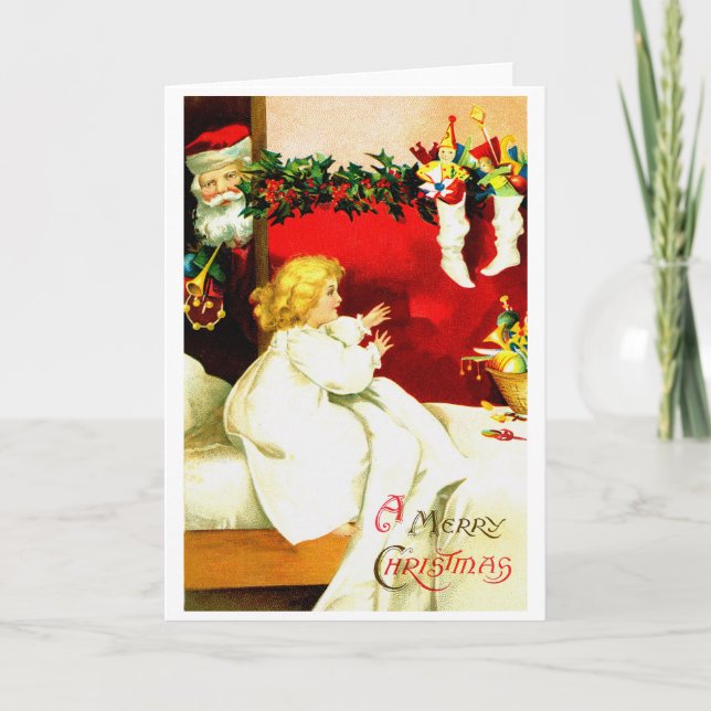 Girl and Santa on Christmas Eve Holiday Card (Front)