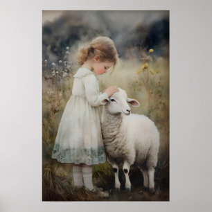 Girl And Sheep Print, Antique Shepherdess Lamb Poster