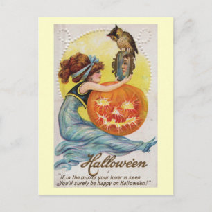 Girl and the Mirror Halloween Vintage Postcard