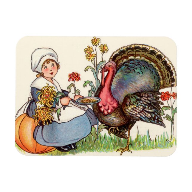 girl and turkey, vintage thanksgiving magnet (Horizontal)