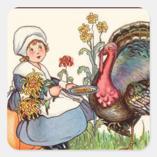 girl and turkey, vintage thanksgiving square sticker