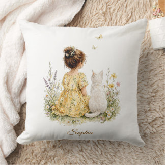 Girl and White Cat Cushion