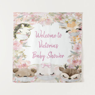 Girl Animals With Masks Baby Shower SQ Backdrop Tapestry