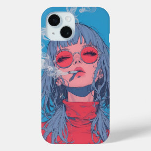 girl anime blue and red illustration smoke iPhone 15 case