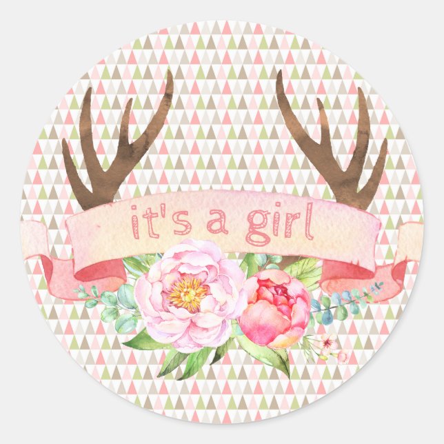 Girl Antler Its A Girl Tribal Baby Shower Stickers (Front)