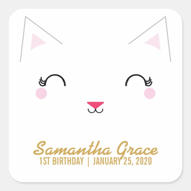 girl ANY AGE kitty CAT BIRTHDAY party favour Square Sticker (Front)