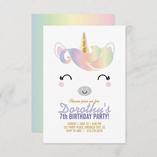 girl ANY AGE rainbow UNICORN BIRTHDAY party Invitation (Front/Back)
