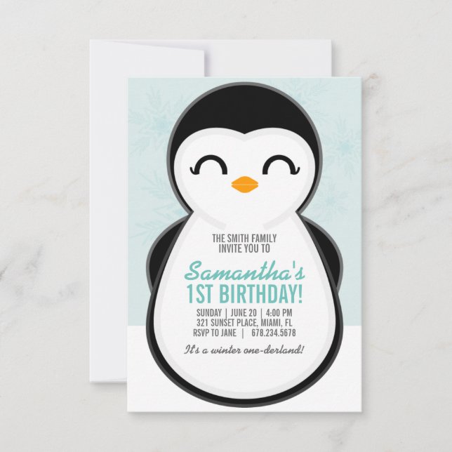 girl ANY AGE winter PENGUIN BIRTHDAY cute party Invitation (Front)