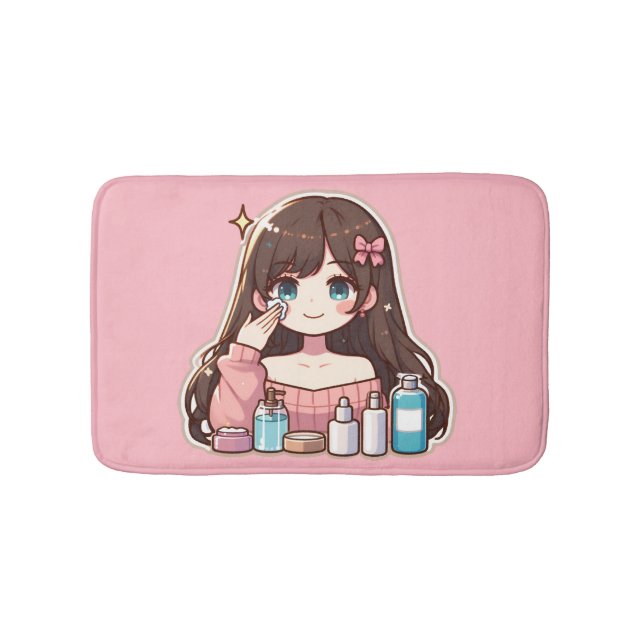 Girl applying skincare cute anime art bath mat (Front)