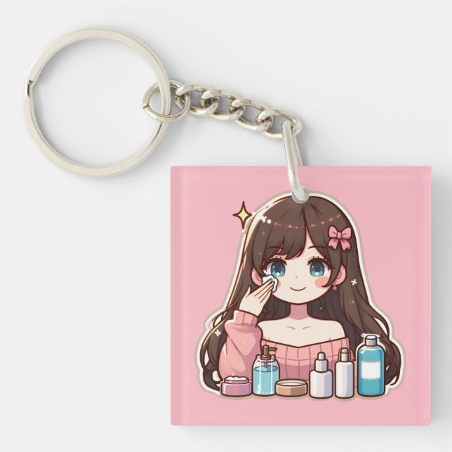 Girl applying skincare cute anime art key ring (Front)