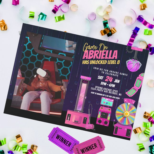 Girl Arcade Birthday Party Photo Invitation (Creator Uploaded)