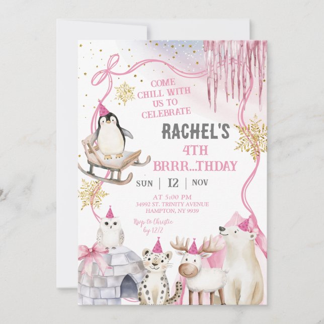 Girl Arctic Animals Birthday Party Invitation (Front)