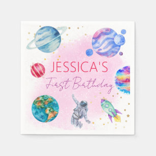 Girl Astronaut Gold Pink Rocket Ship Planet Napkin